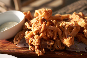Ibiza, Spain - September 02, 2019 : Fried calamari