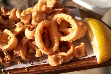 Ibiza, Spain - September 02, 2019 : Fried calamari