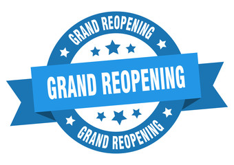 grand reopening ribbon. grand reopening round blue sign. grand reopening