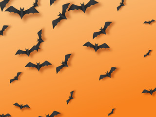 Obraz na płótnie Canvas Halloween orange background with flying paper cut bats. Top view, place for text. Vector illustration.