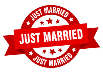just married ribbon. just married round red sign. just married