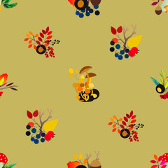 Fototapeta na wymiar Autumn vector seamless pattern with berries, acorns, pine cone, mushrooms, branches and leaves.