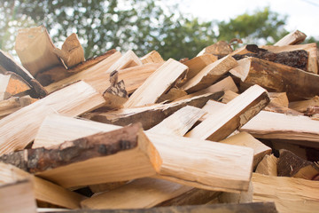 Birch wood split into pieces for fireplace and home heating