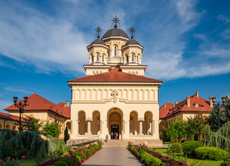 Fototapeta na wymiar Scenic view of Coronation Orthodox Cathedral in Fortress of Alba Iulia, Romania
