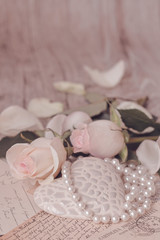 Romantic Roses Still Life With Pearls And Heart