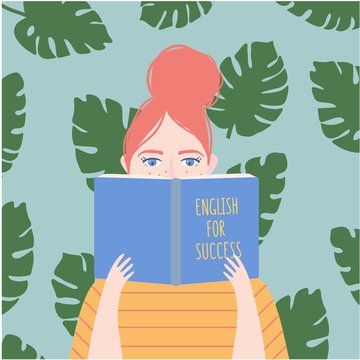 Woman learns holds english textbook