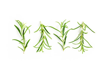 Green branchs and leaves of rosemary isolated on a white background. Мedicinal herbs. Flat lay. Top view