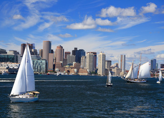 Boston skyline with sailboat on the foreground, Massachusetts, USA