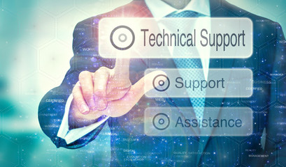 A businessman selecting a Technical Support button on a futuristic display with a concept written...