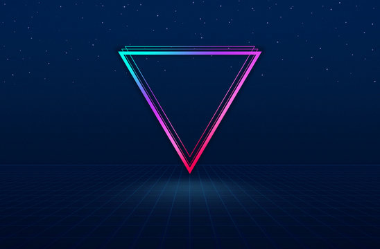 80s Retro Sci-Fi Background. 80s Neon Party Backgrounds. Glowing Triangle, Futuristic Landscape.