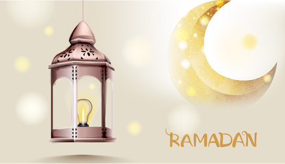 Rose gate pillar lantern with golden moon on background Vector card. Ramadan text. Light sparkles