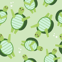 Turtles, hand drawn backdrop. Colorful seamless pattern with animals, hearts. Decorative cute wallpaper, good for printing. Overlapping background vector. Design illustration