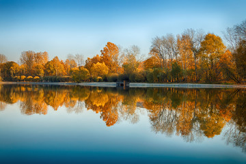 Beautiful autumn landscape with forest and lake