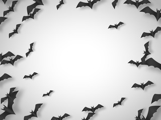 Halloween grey background with flying paper cut bats. Top view, place for text. Vector illustration.
