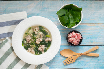 Vegetable gourd soup with minced pork with ingredients