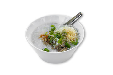 Rice congee with minced pork, boiled egg and vegetable in white ceramic bowl isolate on white background with clipping path.
