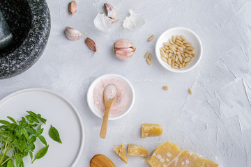 Process of preparation traditional italian pesto genovese sauce