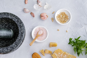 Process of preparation traditional italian pesto genovese sauce