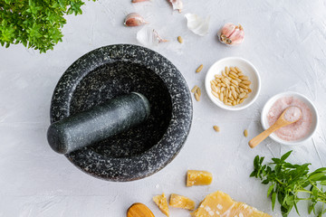 Process of preparation traditional italian pesto genovese sauce