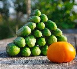 cucumbers and tomato on the wooden table