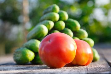cucumbers and tomatoes on the wooden table