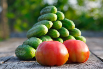cucumbers and tomatoes on the wooden table