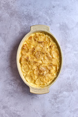 Overhead View of Lancashire Hotpot in Stoneware Baking Dish