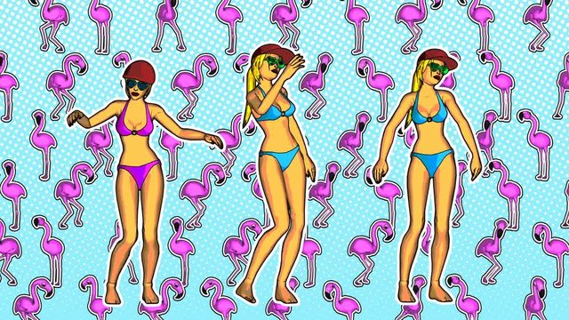 Seamless animation of  bikini girls dancing.  Funny summer background cartoon hand drawn style with pineapples backdrop