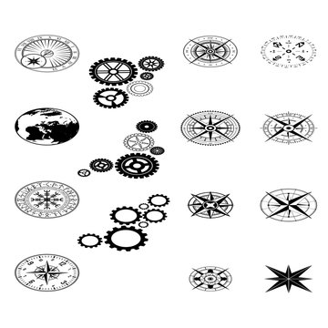 Set of different black design symbols silhouettes isolated on white background