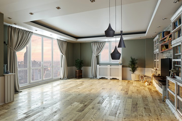 empty interior design living room. balcony with large windows. Scandinavian style. TV unit and library. 3D rendering