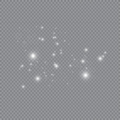 Dust white. White sparks and golden stars shine with special light. sparkles on a transparent background. Christmas abstract pattern. Sparkling magical dust particles.