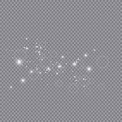 Dust white. White sparks and golden stars shine with special light. sparkles on a transparent background. Christmas abstract pattern. Sparkling magical dust particles.