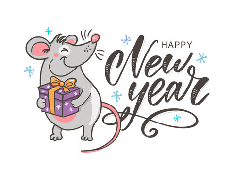 Template image Happy new year party with rat, white background new year 2020. Funny sketch mouse Vector illustration.