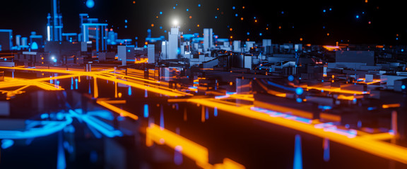 Abstract 3d render of techno mega city. Urban and futuristic visual technology concepts