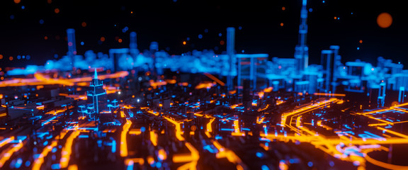 Abstract 3d render of techno mega city. Urban and futuristic visual technology concepts
