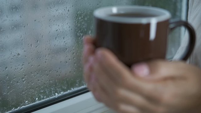 With a cup of tea by the window. Woman's hands with hot drink by the rainy window.