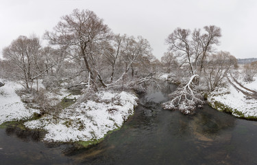 Early winter not frozen river surrounded with snowy forest
