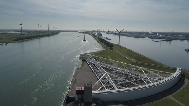 The Maeslantkering is a huge storm surge barrier on the Nieuwe Waterweg. The canal is the access route for large seagoing vessels from the North Sea to the port of Rotterdam, Netherlands