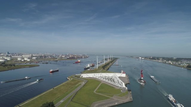 Aerial picture of Maeslantkering storm surge barrier on the Nieuwe Waterweg Netherlands it closes if the city of Rotterdam is threatened by floods and is one of largest moving structures on earth