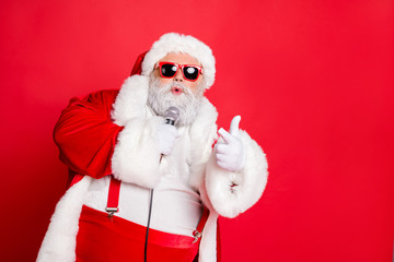 Photo of modern having sweet timbre masculine voice fat grandfather feeling good on stage performing new track saying congratulations cheering motivating you up isolated bright background