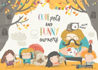 Funny owners walking with their cute pets