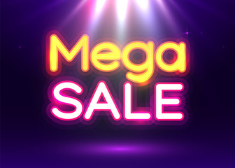 Neon sign, Mega Sale on dark background. Discount Background for your design, greeting card, banner.