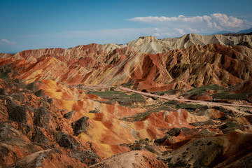 China. Zhangye Danxia geological park, China. Situated in a canyon with beautiful rock formations, sand stone, geological layers of stone and stunning views. Zhangye, Gansu province, China. 