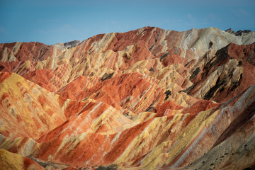 Zhangye Danxia, rainbow mountains China, Gansu province. Chinese landscape with beautiful geological layers in the hills. Unique Chinese landscape. 