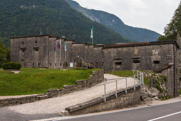 Panorama with Alps of Fortress, Fort Kluze, german: Flitscher Klause. Fortification for World War...