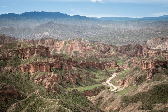 China landscape. Beautiful rock formations at Binggou Danxia scenic area, close to Zhangye Danxia geological park. Gansu province, China. 