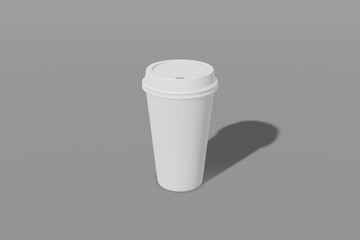 White paper mockup cup with a lid on a grey background. 3D rendering