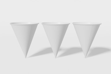 Set of three white paper mockup cups cone shaped on a white background. 3D rendering