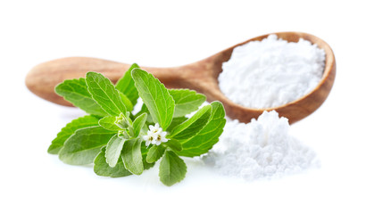 Stevia plant  with stevia powder on white background - obrazy, fototapety, plakaty