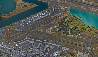 Pacific coast and infrastructure of Honolulu Hawaii USA from the height of the drone flight